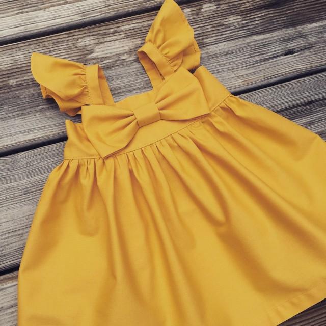 Fluffy Sleeve Mustard Fall Dress, Thanksgiving Toddler Dress, Toddler