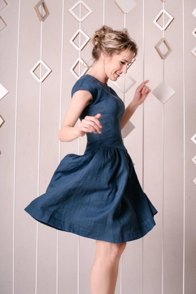 Linen Dress, Wedding Guest Dress, Navy Blue Dress, Linen Clothing