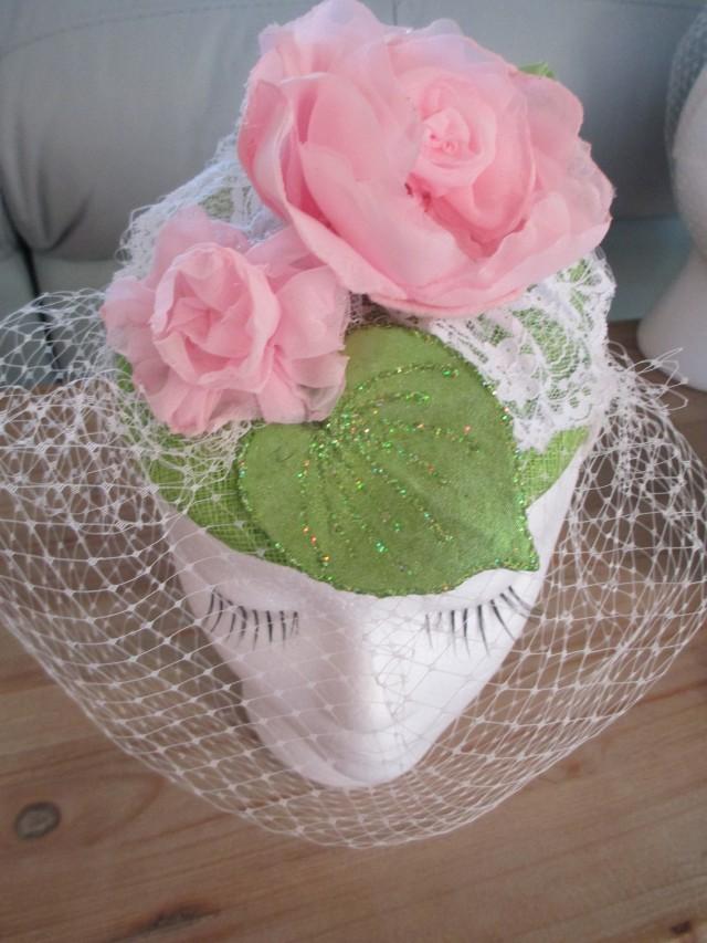 Pink & Green Fascinator Hat, Women's Veil, Flower Headband, Pink Roses