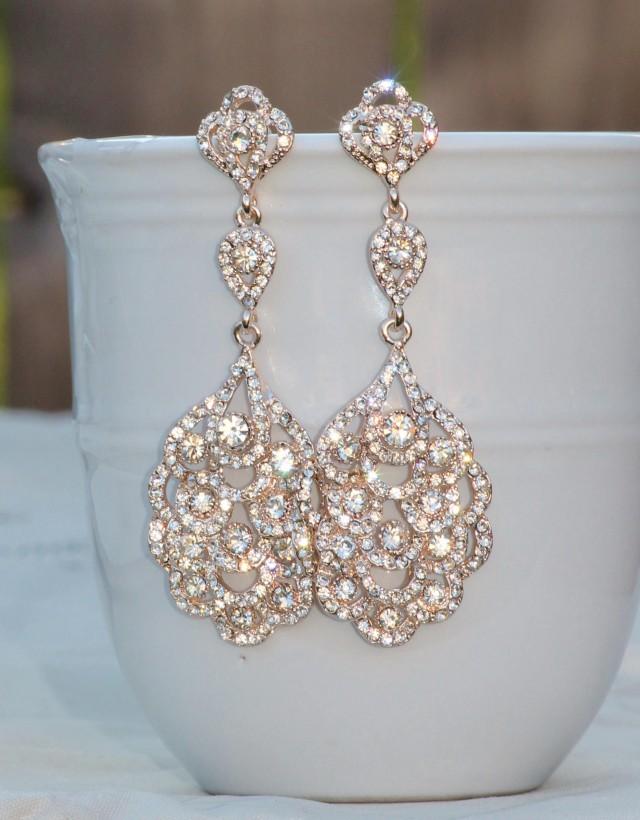 BEST SELLER Rose Gold Long Crystal Chandelier Earring,Rose Gold Crystal