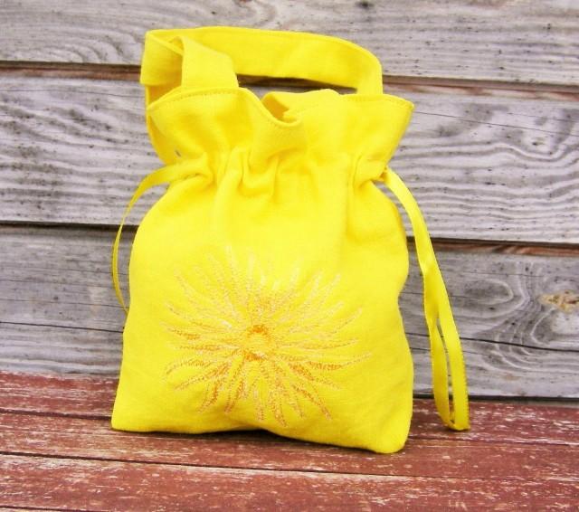 Linen Girl Handbag, Embroidered Wedding Sachet, Small Handmade Yellow