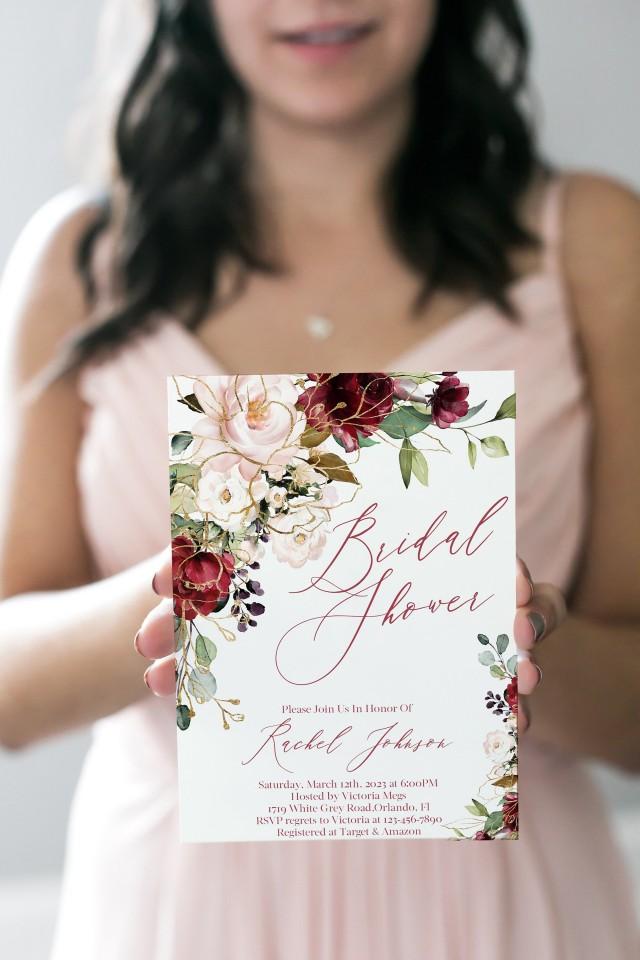 Bridal Shower Invitation Template, Burgundy Blush Bridal Shower Invite