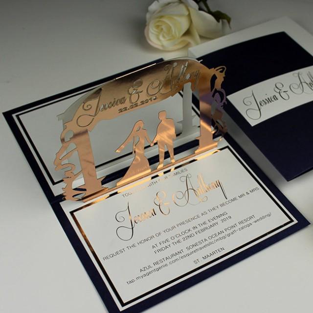 Rose Gold Wedding Invitations, Navy Blue Bride Groom Invitations
