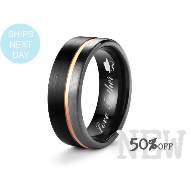 8mm Black Tungsten Carbide Ring Grey&Black Satin Finish With Rose Gold