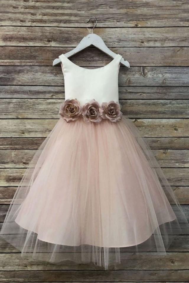 white and champagne flower girl dress
