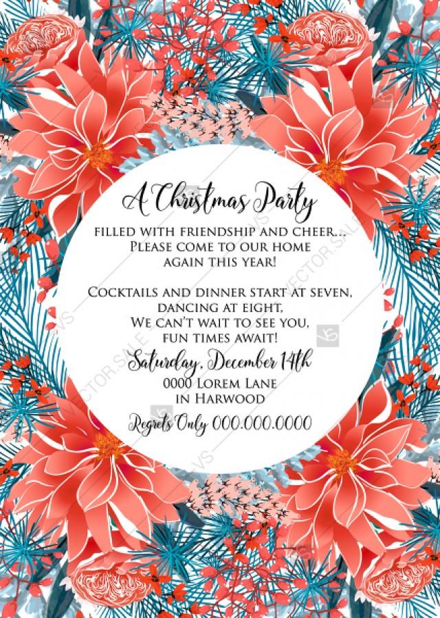 Red Poinsettia Merry Christmas Party Invitation Needles Fir Floral