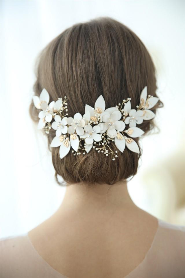Leather Gold Floral Hair Comb,Bridal Pearl Hair Piece,flower Hair Comb