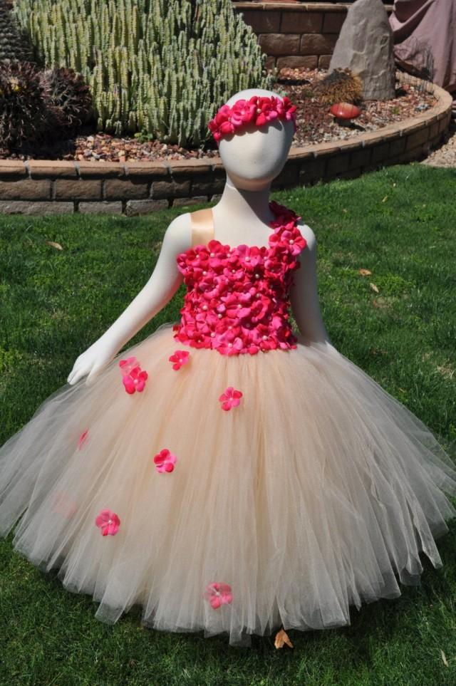 Fuchsia Champagne Flower Girl Dress, Girls Pink Beige Dress, Toddler Fuchsia Champagne Dress 