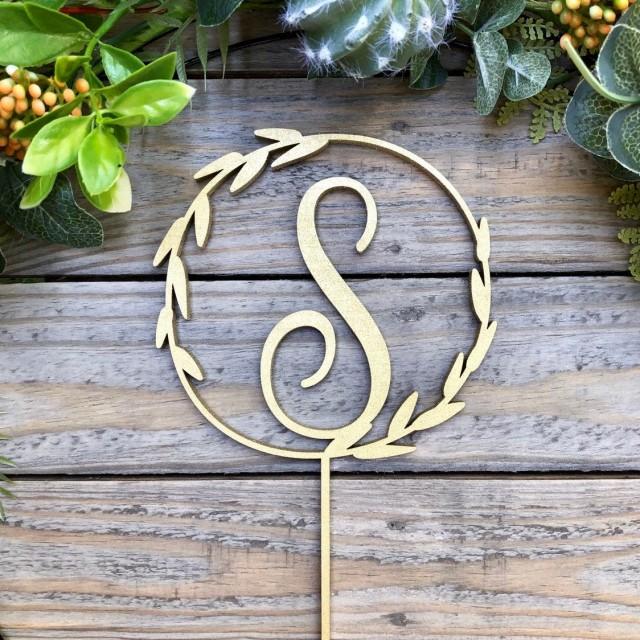 Wreath Cake Topper Rustic Elegant Wood Cake Topper Laser Cut Initial