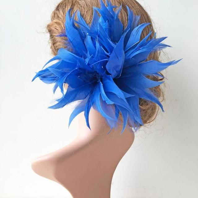 Custom To Order Sapphire Blue Fascinator Feather Flower Floral