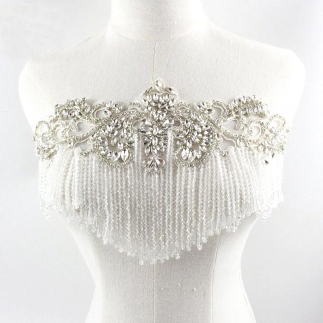 Rhinestone Beaded Tassel Applique For Prom Party Dress Crystal Neckline