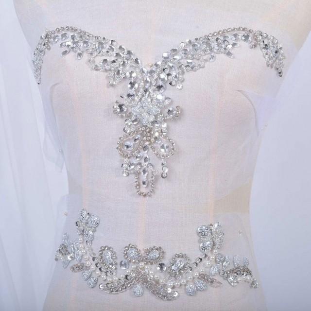 Bling Beaded Applique V Neck Rhinestone Sequin Trim Bridal Applique Design Patch Sew On Wedding 7247