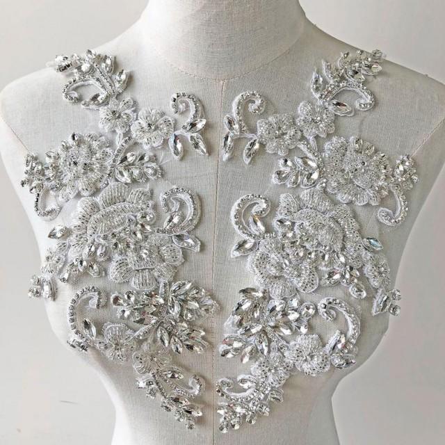 Bridal Dress Applique Rhinestone Beaded Embroidery Crystal Flower Lace