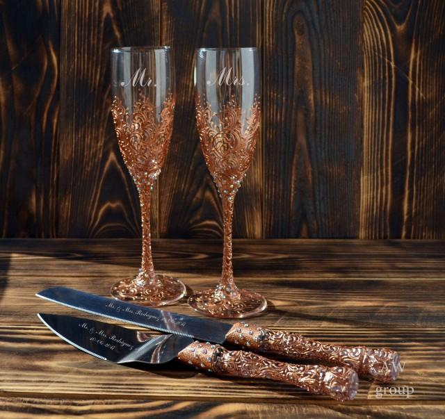 Wedding Flutes And Cake Server Set, Champagne Glasses Copper, Wedding