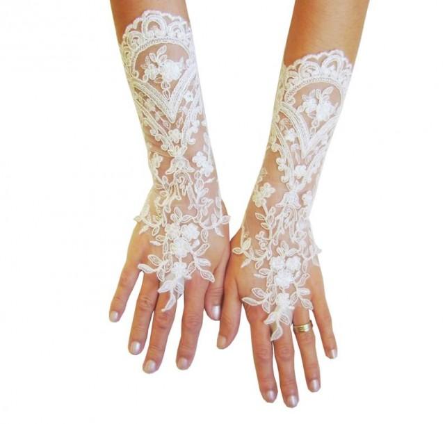 Long Ivory Wedding Gloves Bridal Gloves Lace Gloves Fingerless Gloves Ivory Gloves French 7224