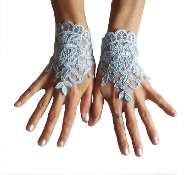 Something Blue Wedding Glove Bridal Wedding Fingerless French Lace Blue
