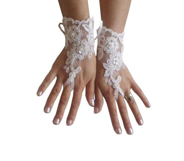 Ivory Lace Glove Bridal Wedding Fingerless French Lace Gauntlets Guantes Floral Beaded 6562