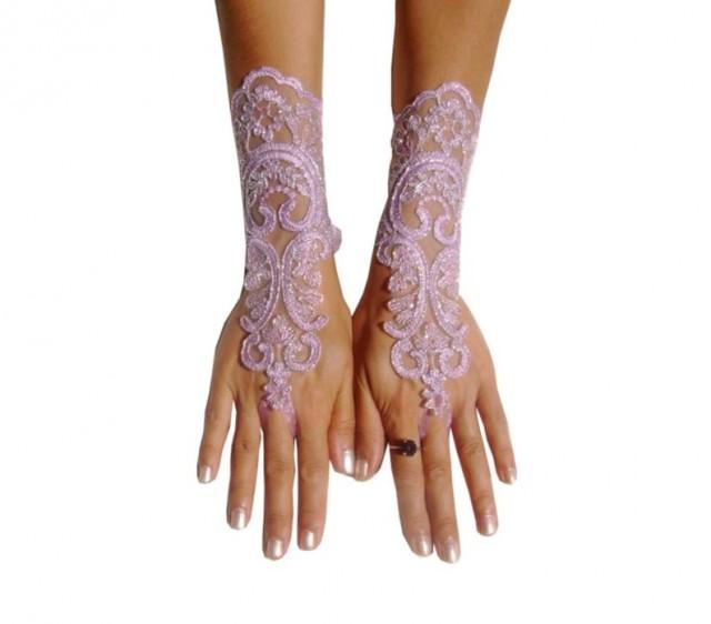 Lavender Gloves Lilac Bridal Gloves Light Purple Fingerless Lace Gloves French Lace Silver Frame