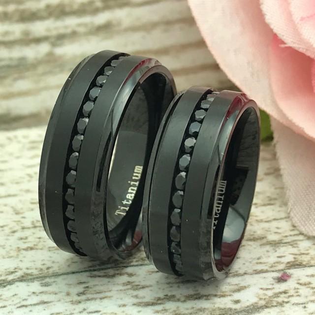 8MM His And Hers Black Titanium Wedding Rings, Personalized Engrave Titanium Rings, Eternity CZ 8MM His And Hers Black Titanium Wedding Rings, Personalized Engrave Titanium Rings, Eternity CZ
