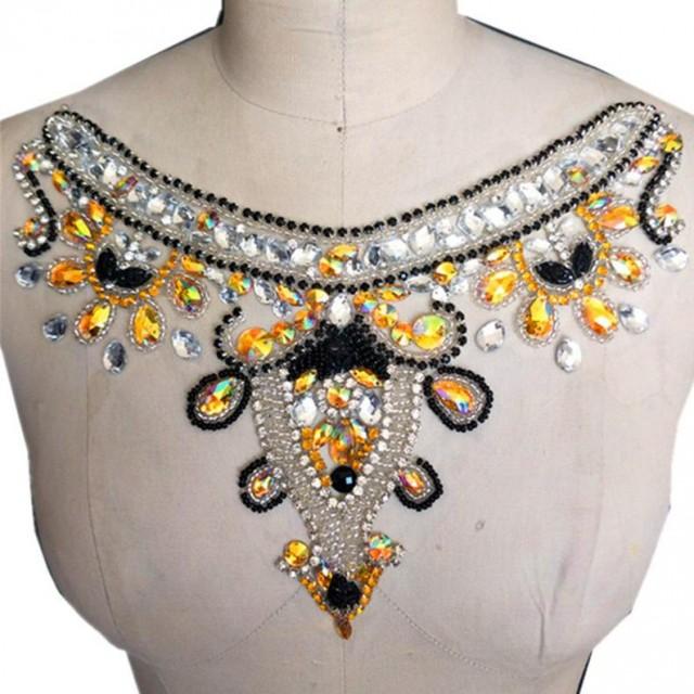 Vintage Rhinestone Neckline Trim Beaded Collar Applique Beading Patch Sewing Appliques For 6241