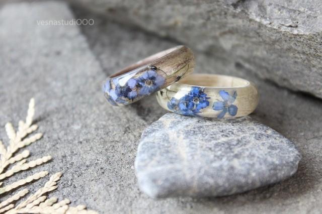 Natural Moss and 24K Gold Women Nature Unique Rings Forest Women Wood/&Resin Ring with Blue Forgot-Me-Not Flower