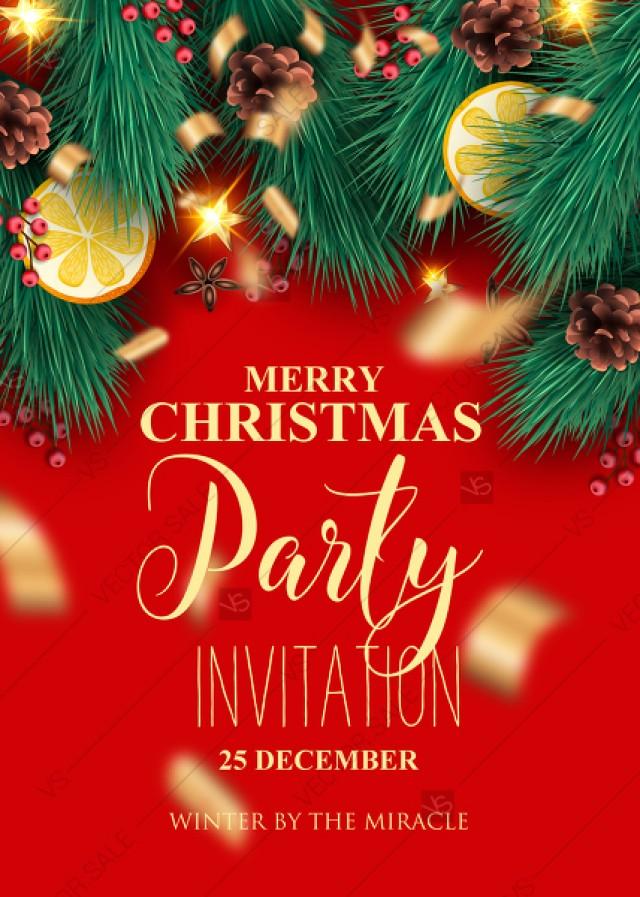 Merry Christmas Party Invitation Ted Green Fir Tree, Pine Cone