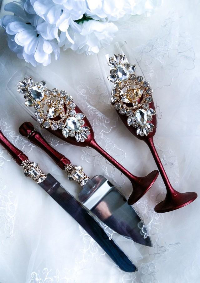 Burgundy And Gold Wedding Toast Flute And Cake Server Set Crystal