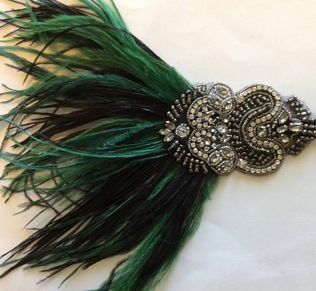 Green 1920s Headband, Green Great Gatsby Headband, Hunter Green Feather