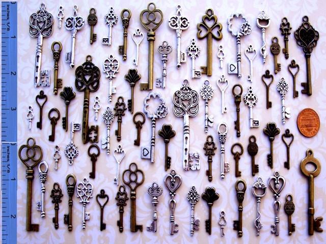 New Gold Vintage Old Look Skeleton Keys Key Estate Charms Jewelry Steampunk Wedding Escort Beads Supplies Pendant Vintage Antique Ring Chain