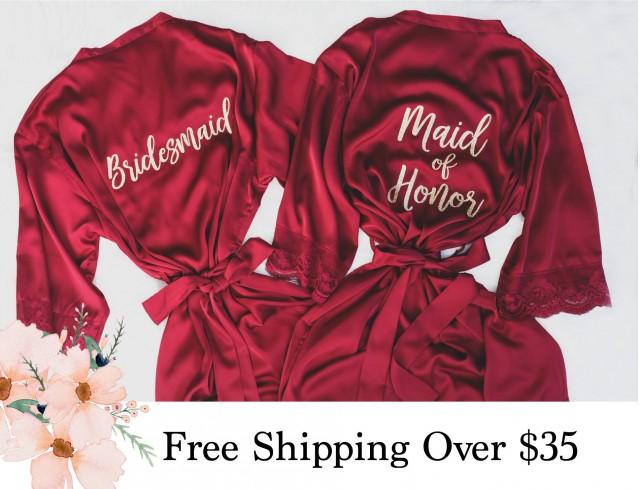 Burgundy Bridesmaids Robes With Lace Champagne Bride Robe Getting