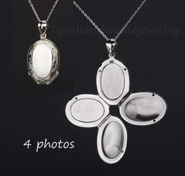Four Photos Sterling Silver Locket,Custom Engrave Memorial Oval Locket