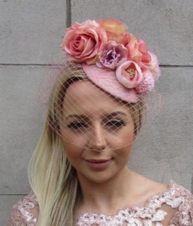 Blush Nude Light Pink Rose Birdcage Veil Flower Hair Fascinator Hat