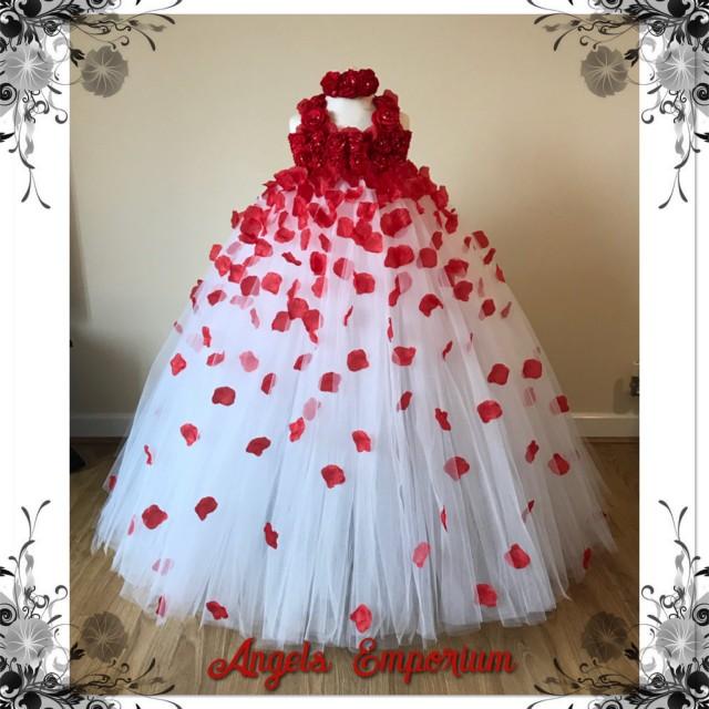 Beautiful Red And White Flower Girl Tutu Dress Embellished With Petals