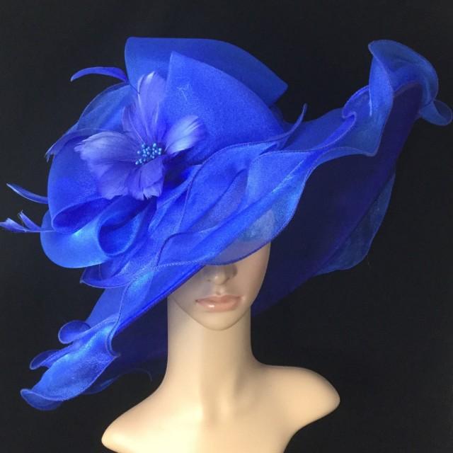Royal Blue Kentucky Derby Hat With Big Bow And Feather Flower Tea Party