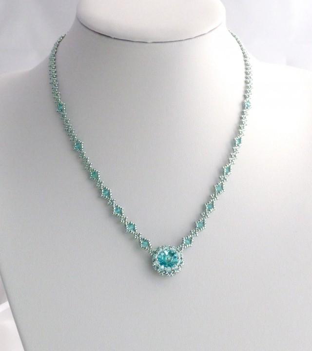 Aqua Beadwork Necklace With Light Turquoise Swarovski Crystals , Seed