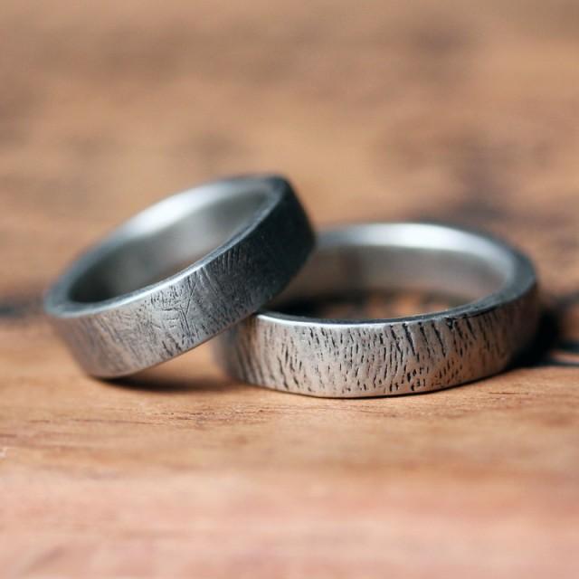 Rustic Wedding Ring Set, Silver Bark Rings, Wedding Band Set, Ethical