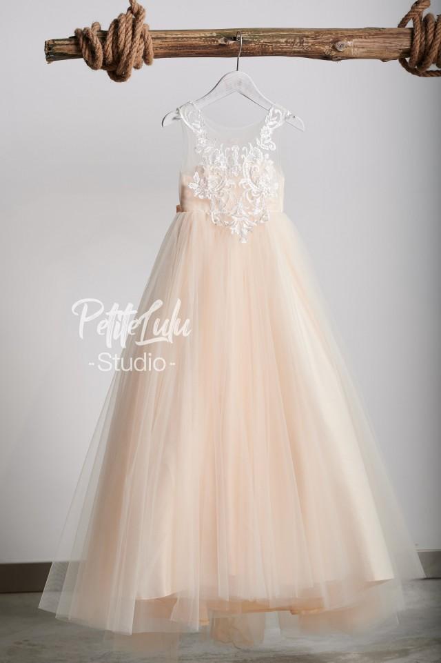 champagne and white flower girl dresses
