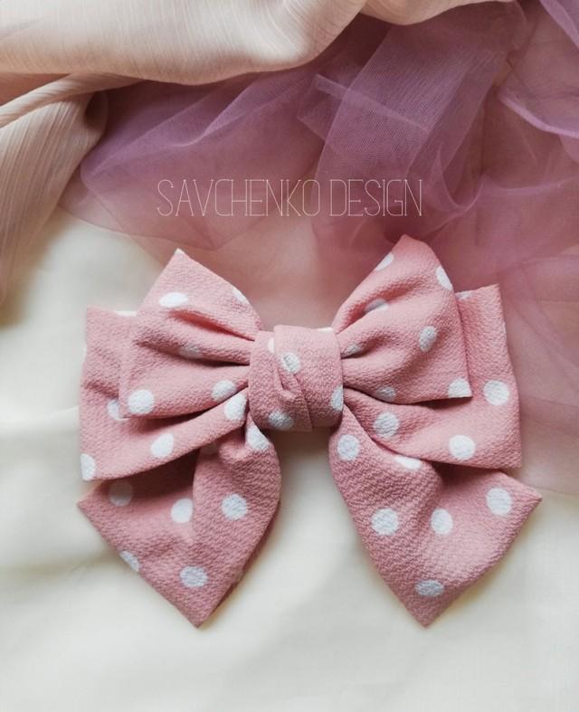 Blush Hair Bow, French Barrette, Polka Dot Barrette Oversize Style Hair