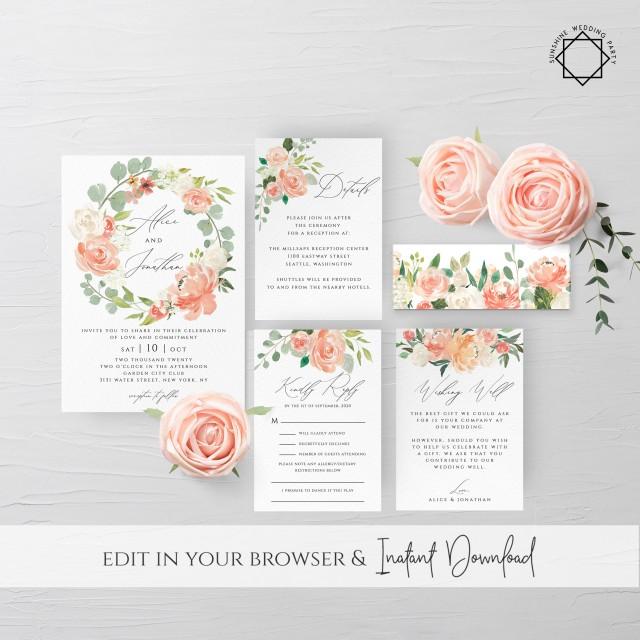 Peach Floral Wedding Invitation Template Printable Editable Wedding 