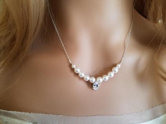 White Pearl Bridal Necklace Pearl Silver Wedding Necklace Swarovski Pearl Dainty Necklace 3796