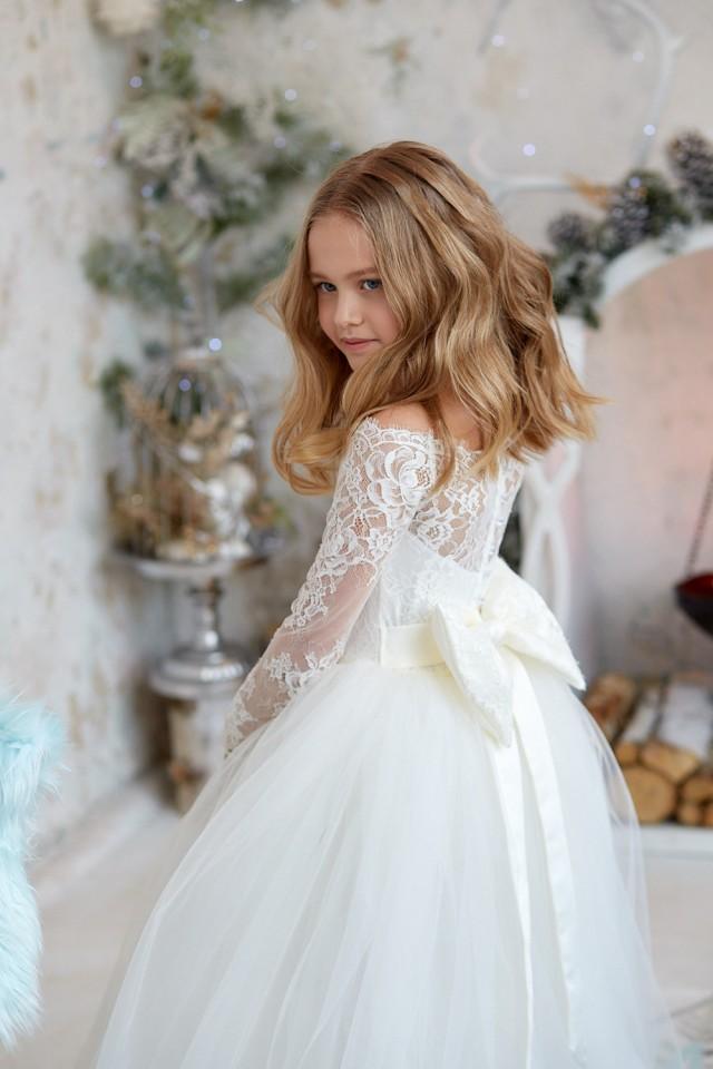 Ivory Floral Lace Tulle Flower Girl Bridesmaids Easter Summer Girl Dress #43 
