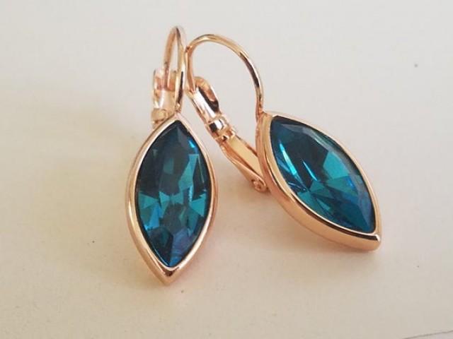 Indicolite Teal Crystal Marquise Earrings, Swarovski Indicolite Rose