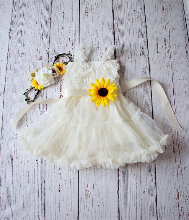 Sunflower Flower Girl Dress, Boho Wedding Dress, Lace Flower Girl