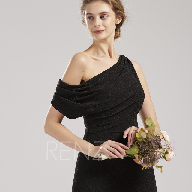 Party Dress Black Metallic Lurex Jersey Knit Prom Dress One Shoulder