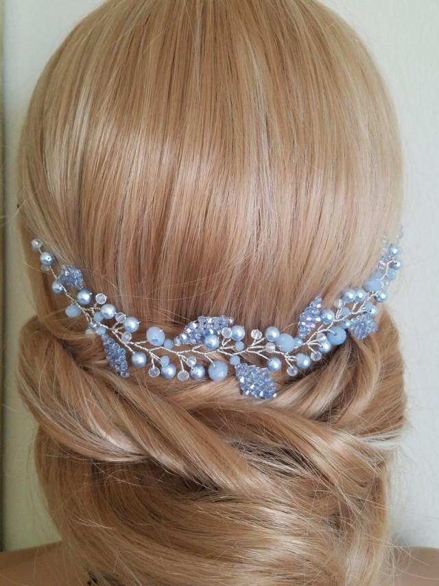 Dusty Blue Hair Piece, Dusty Blue Bridal Hair Vine, Swarovski Light