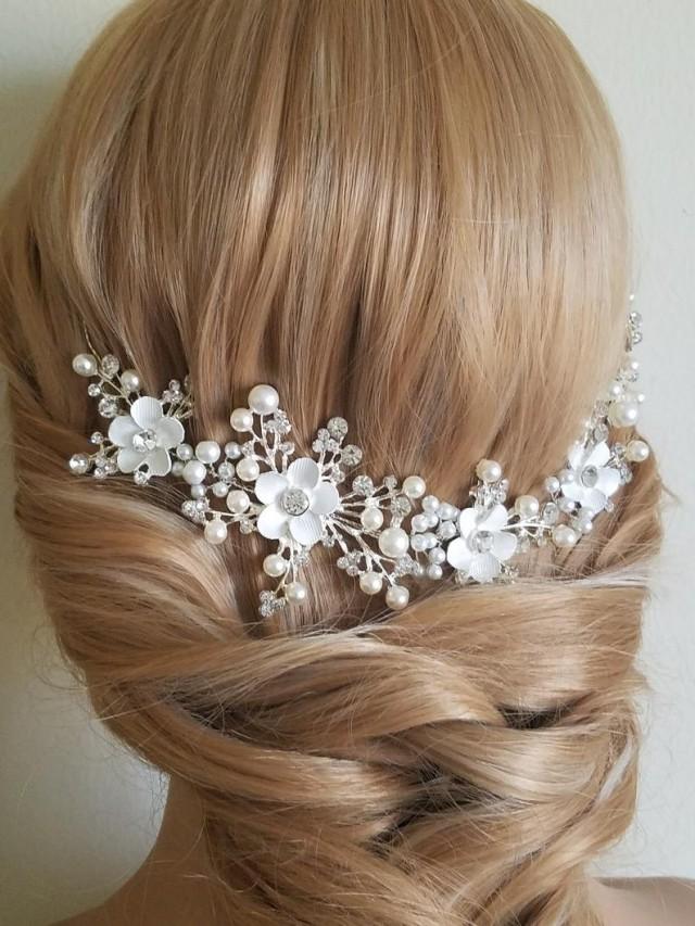 Pearl Crystal Bridal Hair Vine, Wedding Hair Wreath, Pearl Floral