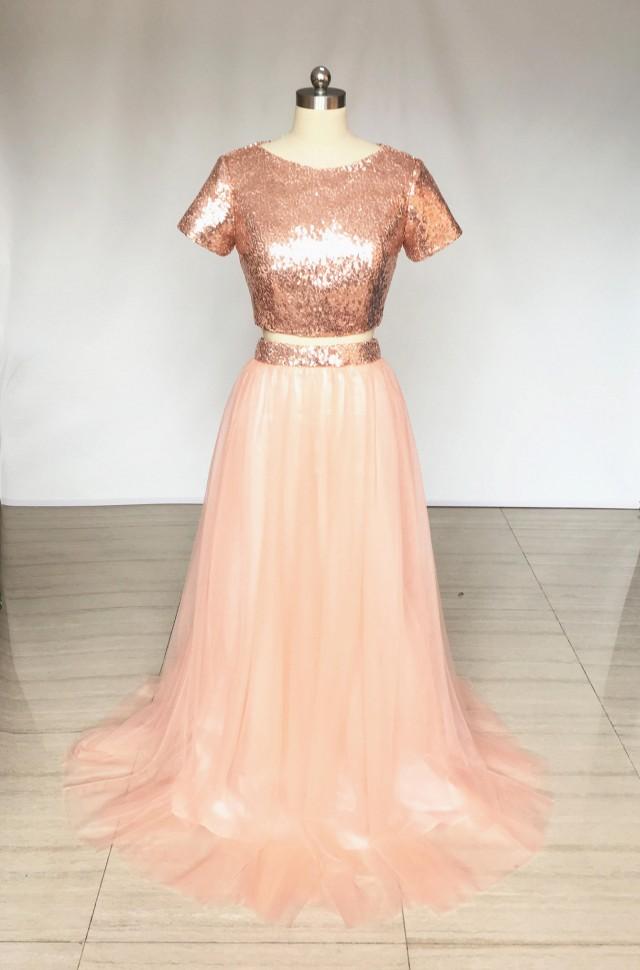 Two Piece Rose Gold Sequin Tulle Long Bridesmaid Dress With Short
