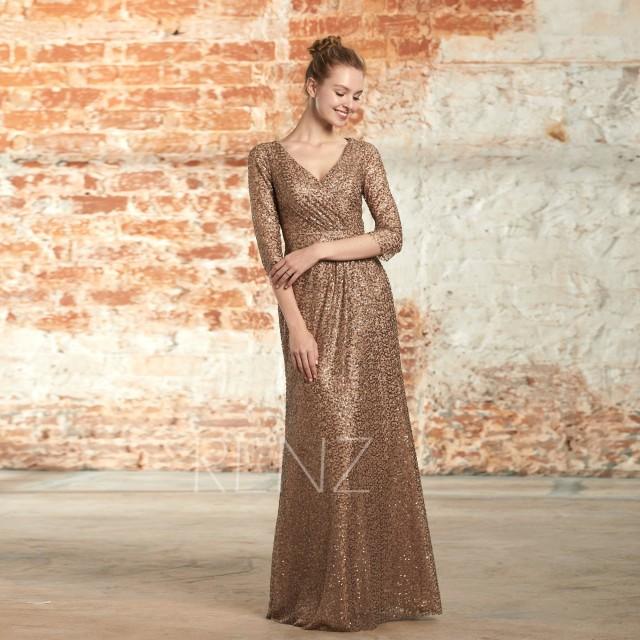 Party Dress Bronze Sequin Dress Ruched V Neck Bridesmaid Dress Long