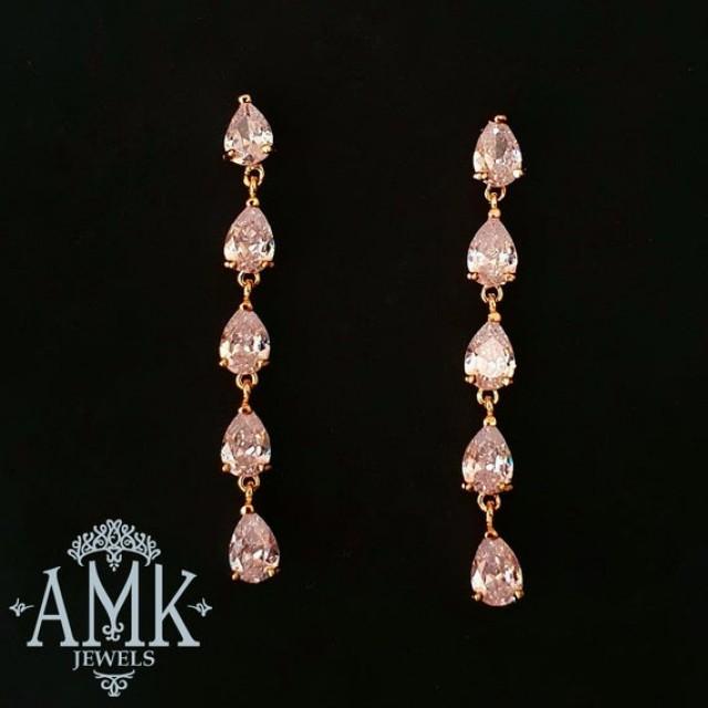 Long Dangle Earrings, Gold Long Earrings, Cubic Zirconia Earrings