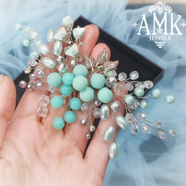 Hair Accessory With Mint And Tiffany Colours Beads, Tiffany Color Hair